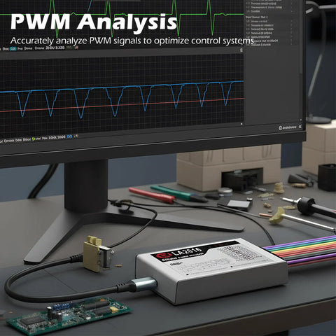 Usb Logic Analyzer with 16 Channels and 2 PWM Channels 200MHz Sampling Rate PC Software, shown connected to a computer for debugging.