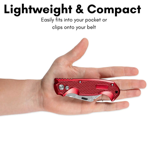 Retractable Utility Knife Set With Heavy Duty Razor Blade And 3 Extra Blades Refills, Built For Cardboard, Packages, Warehouse, Office, And Construction Jobs, Ergonomic Red Cutter For Quick, Clean Cuts, A Real Workhorse. red metal utility knife in hand, lightweight compact