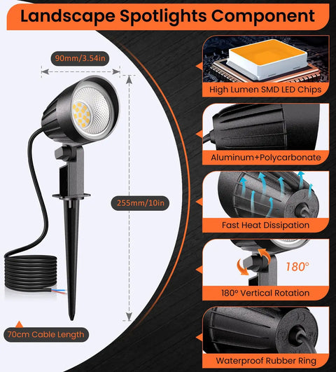Low Voltage 7W Outdoor Landscape Lights With Connectors, 2700K Warm White IP66 Waterproof Spotlights components for garden and yard