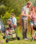 Beefed Up Folding Shopping Cart With Wheels For Groceries And Laundry at outdoor picnic loaded with groceries, black steel frame.