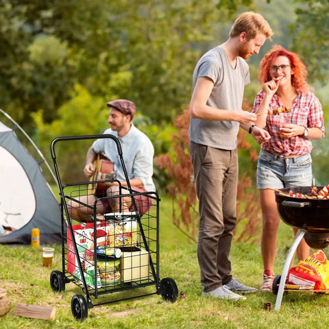 Beefed Up Folding Shopping Cart With Wheels For Groceries And Laundry at outdoor picnic loaded with groceries, black steel frame.