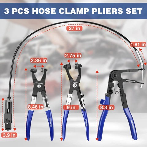 3 Piece Hose Clamp Pliers Set With Pouch Includes Flat Band Angled And Long Reach Wire Spring Clamp Pliers dimensions