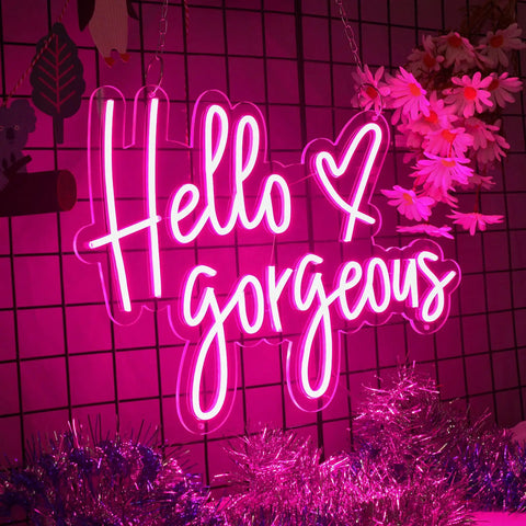 Neon Sign Wall Light With Dimmable Switch For Home Decor LED Neon Wall Art 19.6 By 14.1 Inch "Hello Gorgeous" pink glow