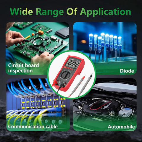 Pro Grade Digital Multimeter 1000V AC DC Manual Range Tester supporting various applications like circuits and cables.