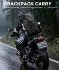 Motorcyclist with Waterproof Motorcycle Dry Bag 50L Duffel Luggage on a rainy road