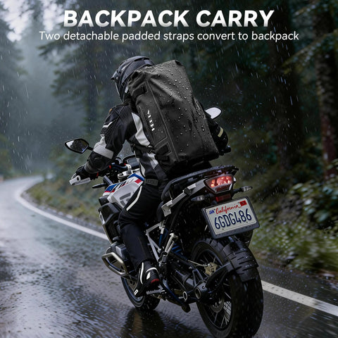 Motorcyclist with Waterproof Motorcycle Dry Bag 50L Duffel Luggage on a rainy road
