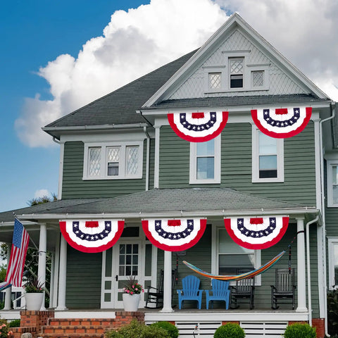 Victorian house with All American Patriotic Bunting Banner Pack With A 4 Pack Of Red White And Blue Half Fan Flags for outdoor decor