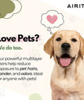 Golden retriever next to text about pet-friendly air filters from AIRITY, ideal for reducing pet hair and dander exposure.