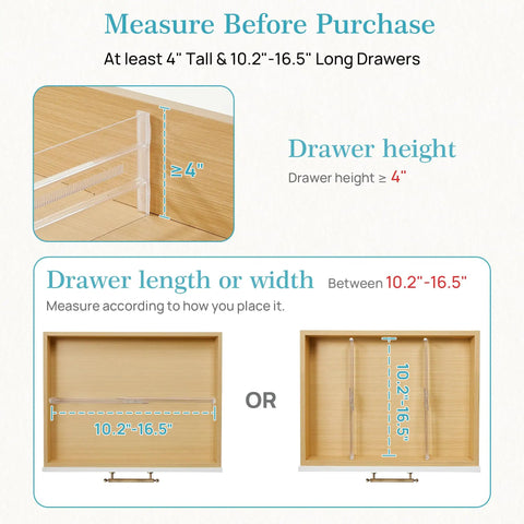 12 Pack Clear Drawer Dividers For Clothes 4 Inch Tall Expandable Dresser Organizers, measuring drawer dimensions visually.