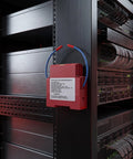 Badass Automatic Fire Extinguisher Stickers For Engine Bay mounted on a server rack, provides fire safety in tech environments.