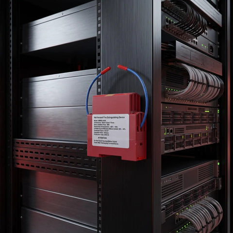 Badass Automatic Fire Extinguisher Stickers For Engine Bay mounted on a server rack, provides fire safety in tech environments.