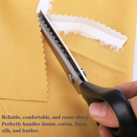 Scalloped Pinking Shears For Fabric And Dressmaking, Pro Grade Ultra Sharp Stainless Steel Zigzag Scissors, Handheld Anti Fray Edging For Quilting And Craft Projects, 7mm Scalloped Blade For Clean Professional Finishes, cutting yellow fabric