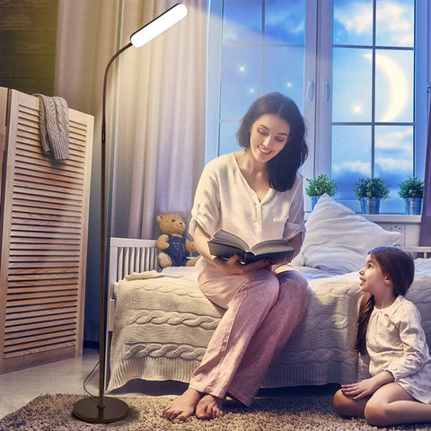 Bright 15W 1000 Lumen LED Floor Lamp With Stepless 3000K To 6000K Color Temperature Fully Dimmable Remote And Touch Control lamp next to woman reading