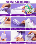 Image of Purple 14 In 1 Desk Organizer Set With 360 Degree Rotary Stand And Phone Holder Must Have Office Kit for Home School and Work Includes Stapler, Cutter, Scissors, Pen, Tape Dispenser, Clips, Sharpener, Ruler, and Staple Remover.