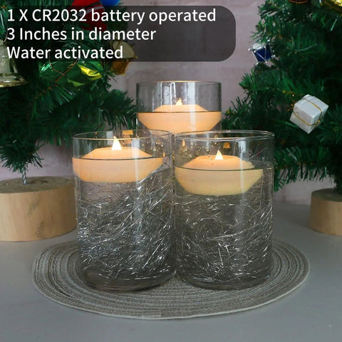 48 Pack Floating LED Candles Water Activated Battery Powered Flameless Flicker Lights For Baby Shower Wedding Home Party Decor displayed in glass vases