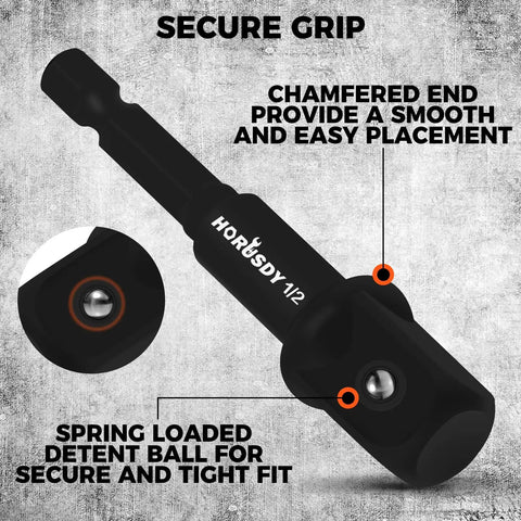 Close-up of Heavy Duty Impact Socket Adapters Set For Drills In One Quarter Inch Hex Shank And Three Eighths Inch And One Half Inch Sizes