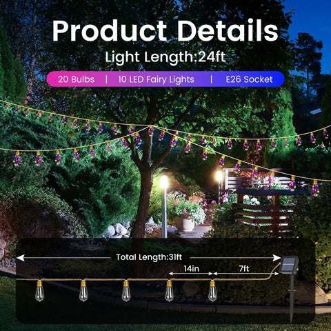 Vintage Hemp Rope Solar String Lights with 20 Shatterproof Bulbs 8 Modes shown in a garden at night.