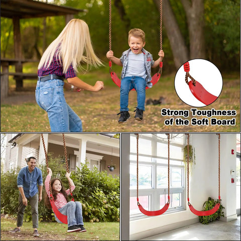 Kids Outdoor Swing Set With Disc Swing, Adjustable Rope Swing in backyard, focusing on durability and soft board toughness.