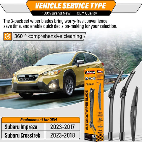 Must Have All Season Windshield Wiper Blades Set For Subaru Crosstrek Impreza 2018 2023 Front and Rear Pack of 3