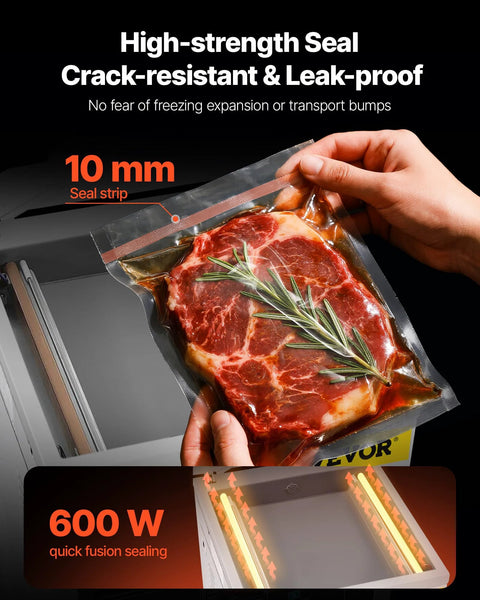 VEVOR chamber vacuum sealer in a kitchen; hand seals a meat bag with 10 mm seal strip and rosemary