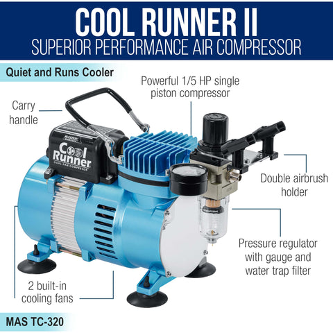 Cool Runner II Airbrush Kit With Dual Fan Compressor featuring carry handle and double airbrush holder.