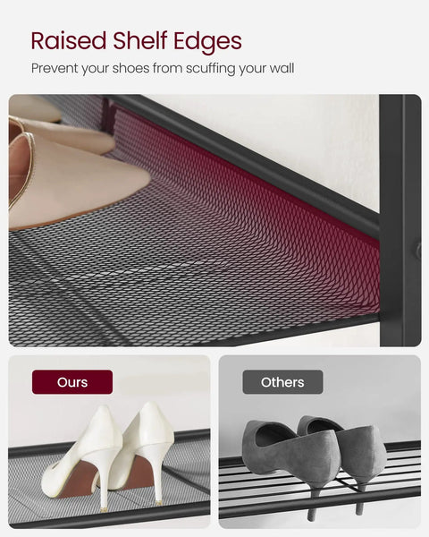 Close-up of raised edges on Four Tier Shoe Rack For Entryway Storage Freestanding Adjustable Mesh Shelves to prevent shoe scuffs.