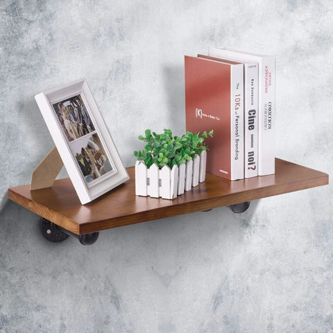 Wooden shelf supported by 6 Pack Industrial Pipe Shelving Brackets For Wall Mounts Vintage Black Iron Rustic Finish Built Tough Heavy Duty DIY Shelves For Kitchen Bathroom Bedroom Living Room Home Decor, decorated with books, plant, and photo frame.