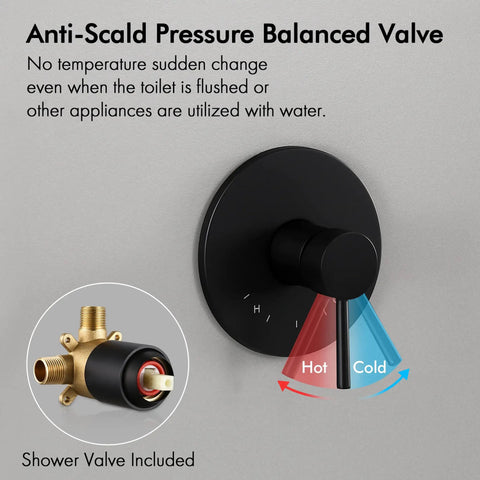 All In One Black Shower System With Rain Shower Head And Wall Mounted Trim Kit Pressure Balance Valve With Anti Scald Technology