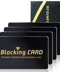 RFID Blocking Card Shield For Wallets And Travel Passports No Nonsense Protection For Debit And Credit Cards From Skimming Slim Ultra Compact Wallet Protector 4 Pack Black, showing black cards with gold text.