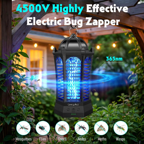 Outdoor And Indoor 3 In 1 4500V Mosquito Killer with Camping Light in garden setting with 365nm UV light attracting insects
