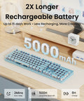 Top Shelf Retro Typewriter Mechanical Keyboard With Hella Crisp Blue Switches And Long Lasting Rechargeable Battery For Slick Triple Mode Gaming Setup Compatible On Windows Mac Pc Devices on wooden desk with 5000mAh battery display.