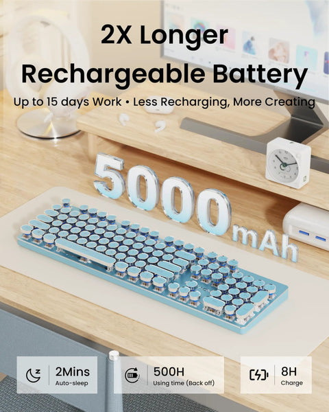 Top Shelf Retro Typewriter Mechanical Keyboard With Hella Crisp Blue Switches And Long Lasting Rechargeable Battery For Slick Triple Mode Gaming Setup Compatible On Windows Mac Pc Devices on wooden desk with 5000mAh battery display.