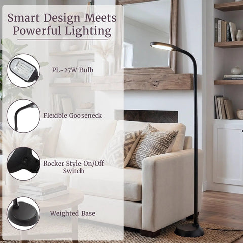 Adjustable floor lamp with full spectrum natural sunlight for reading, craft, and studying, bendable neck beside sofa