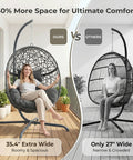 Oversized Hanging Egg Chair With Stand For Indoor Or Outdoor Use, Wicker Bird Cage Swing Chair With Dark Grey Cushion