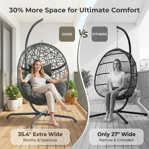 Oversized Hanging Egg Chair With Stand For Indoor Or Outdoor Use, Wicker Bird Cage Swing Chair With Dark Grey Cushion