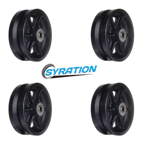 Set of four heavy duty cast iron V-groove wheels with 6 inch diameter, suitable for industrial carts and trolleys, 4000 lbs capacity.