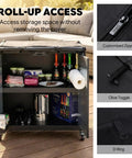 36 Inch Outdoor Prep Table Cover For Grill Island Setup And Kitchen Island All Weather Waterproof 600D Cart Cover With Roll Up Zippered Door Fits Outdoor Storage Cabinets Black, showcasing roll-up access and interior storage space with customized zipper and wind straps.