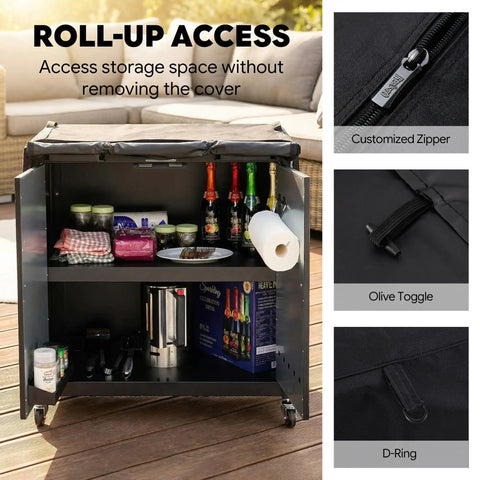 36 Inch Outdoor Prep Table Cover For Grill Island Setup And Kitchen Island All Weather Waterproof 600D Cart Cover With Roll Up Zippered Door Fits Outdoor Storage Cabinets Black, showcasing roll-up access and interior storage space with customized zipper and wind straps.