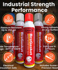Industrial RTV Silicone Gasket Maker Sealant with auto dispensing nozzle, red, shown with product features and benefits labels.