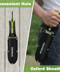 Hori Hori Garden Knife With 7 Inch Stainless Blade Dual Edge For Weeding Digging Planting Ergonomic TRP Handle With Hanging Hole And Oxford Sheath Green shown sheathed on a person’s waist and hanging on a wall.