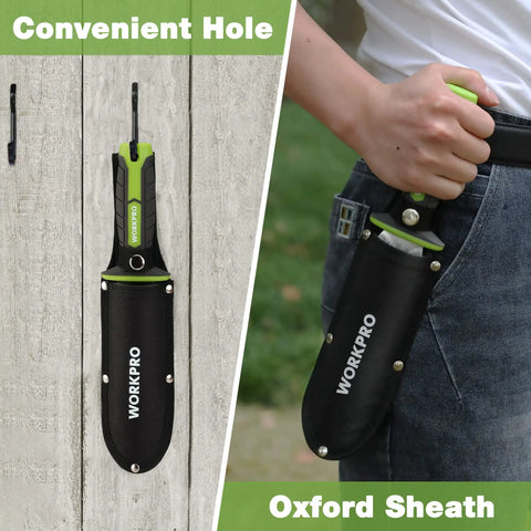 Hori Hori Garden Knife With 7 Inch Stainless Blade Dual Edge For Weeding Digging Planting Ergonomic TRP Handle With Hanging Hole And Oxford Sheath Green shown sheathed on a person’s waist and hanging on a wall.