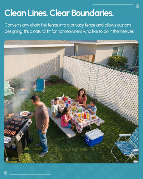 Family enjoying BBQ in backyard with Privacy Weave Fence Slats For Chain Link Fences Easy DIY Privacy Solution White Polyethylene Slats Fits 2 Inch To 2 3 8 Inch Mesh Made In USA Perfect For Your Backyard Garden Patio And Pool Enclosures 250 Ft Roll installed