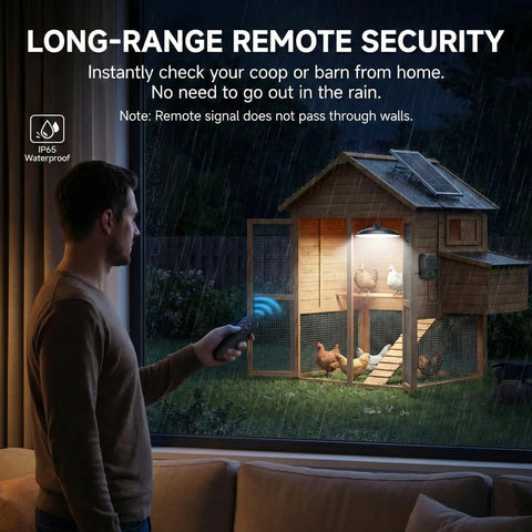 Person using remote to control Badass Sunlight Solar Shed Light With Motion Sensor And Remote Switch 3200 Lumens IP65 Waterproof Hanging Lamp.