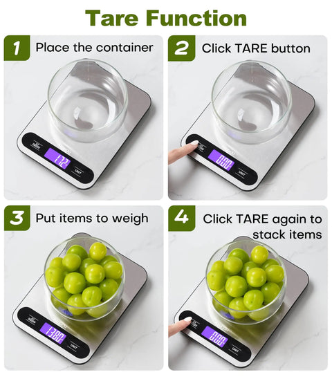 Demonstrating tare function on Digital Kitchen Scale With 33Lb Capacity 1g Precision And Four High Precision Sensors