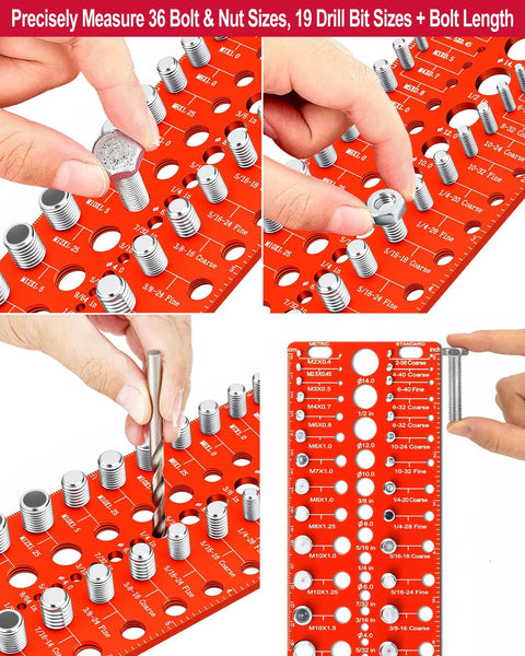 Manalete thread checker gauge, red plastic with metal bolts; tool to identify bolt/nut thread sizes and drill bit gauges.
