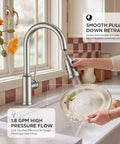 FORIOUS Kitchen Faucet with Pull Down Sprayer, Lead-Free Stainless Steel in use with 1.8 GPM flow, washing a plate.