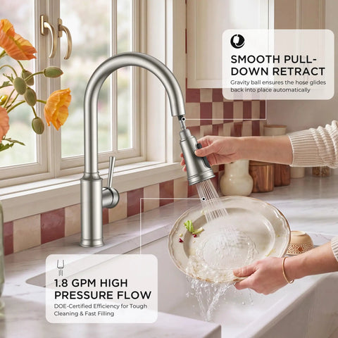 FORIOUS Kitchen Faucet with Pull Down Sprayer, Lead-Free Stainless Steel in use with 1.8 GPM flow, washing a plate.