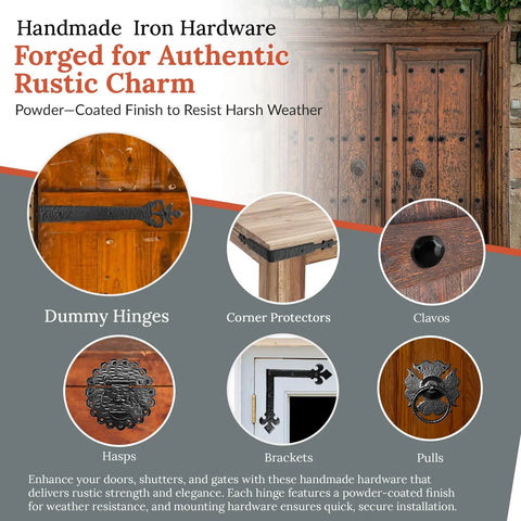 Four Pack 4 Inch Black Faux Strap Hinges Decorative Dummy Hinge Handmade Rustic Iron Hardware on wood door.