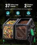 Dual Chamber 37 Gallon Compost Bin With 360 Degree Rotating Tumblers And Included Gloves for Outdoor Composting, Black and Green