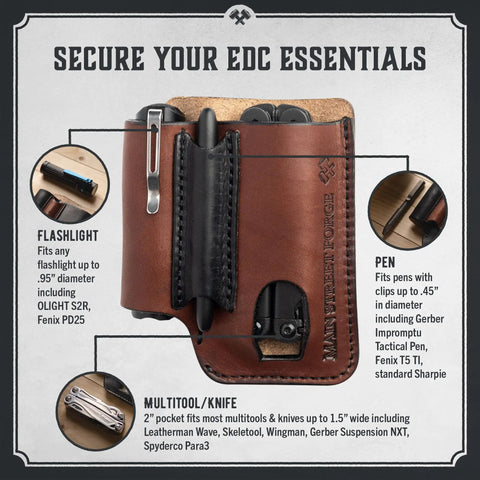 American Made Leather EDC Pouch for Men with Rugged Multitool Sheath and Holster Belt Clip Pocket Organizer diagram.